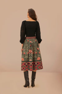 Jupe midi Fleurs Arabesque à boutons en coton - Vert