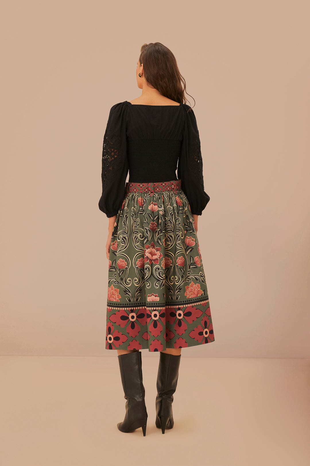 Jupe midi Fleurs Arabesque à boutons en coton - Vert