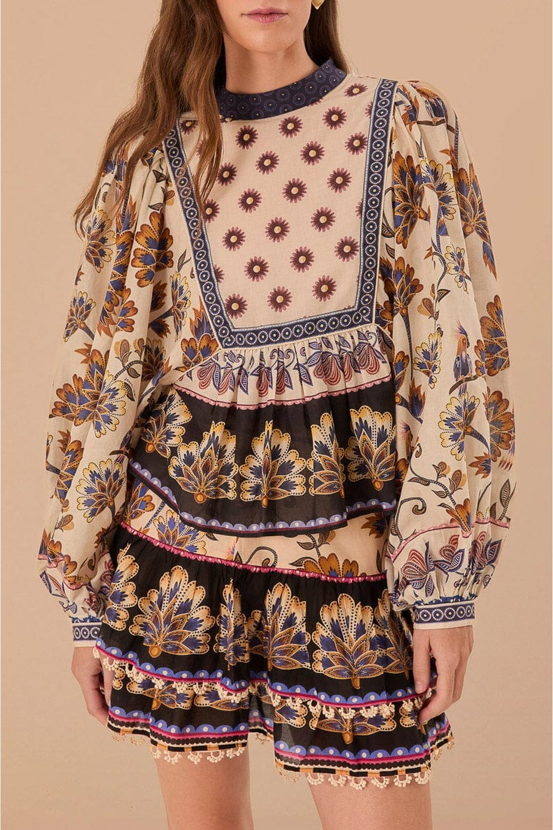 Blouse Ainika longue à fleurs en coton - Beige