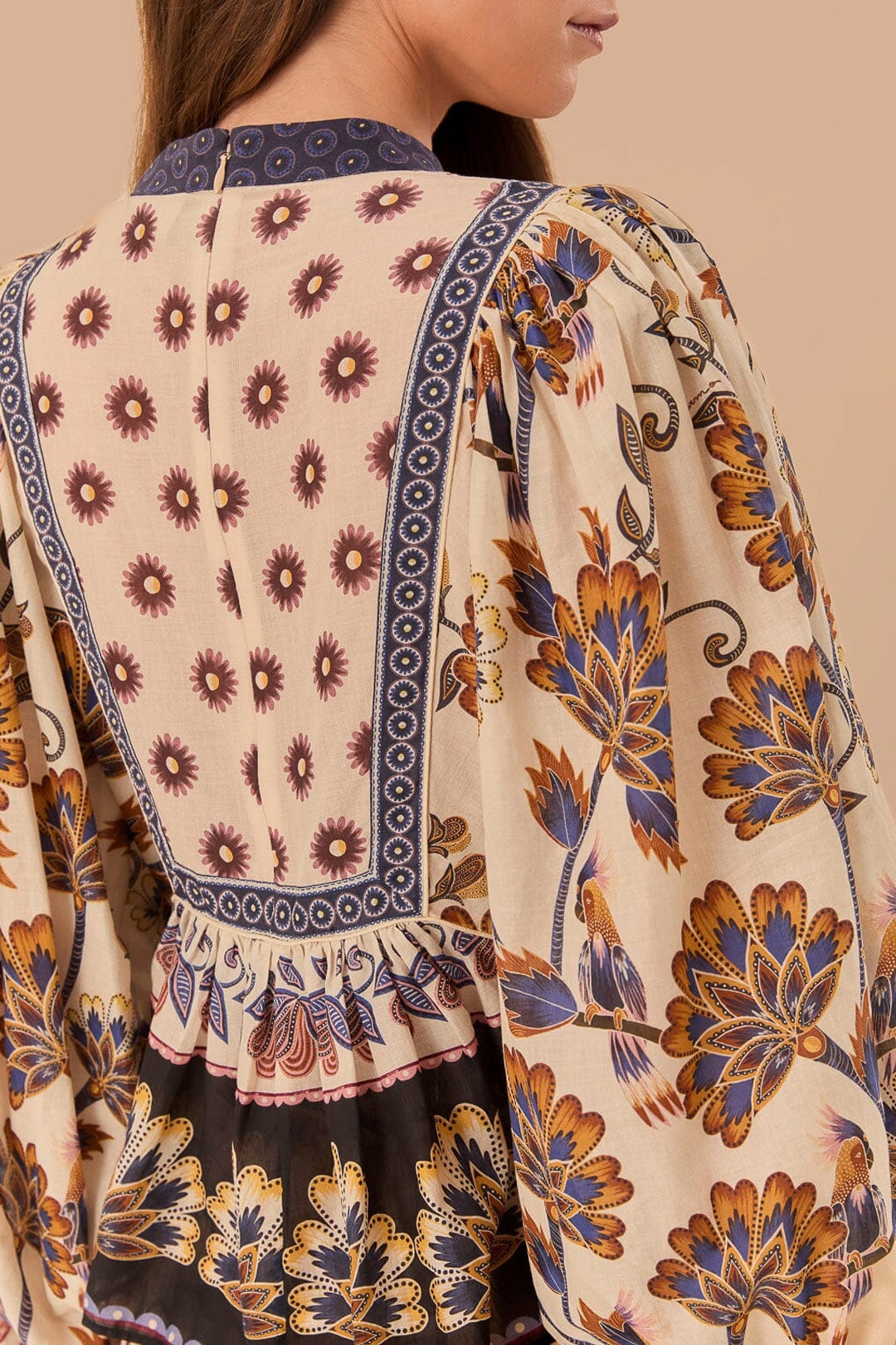 Blouse Ainika longue à fleurs en coton - Beige