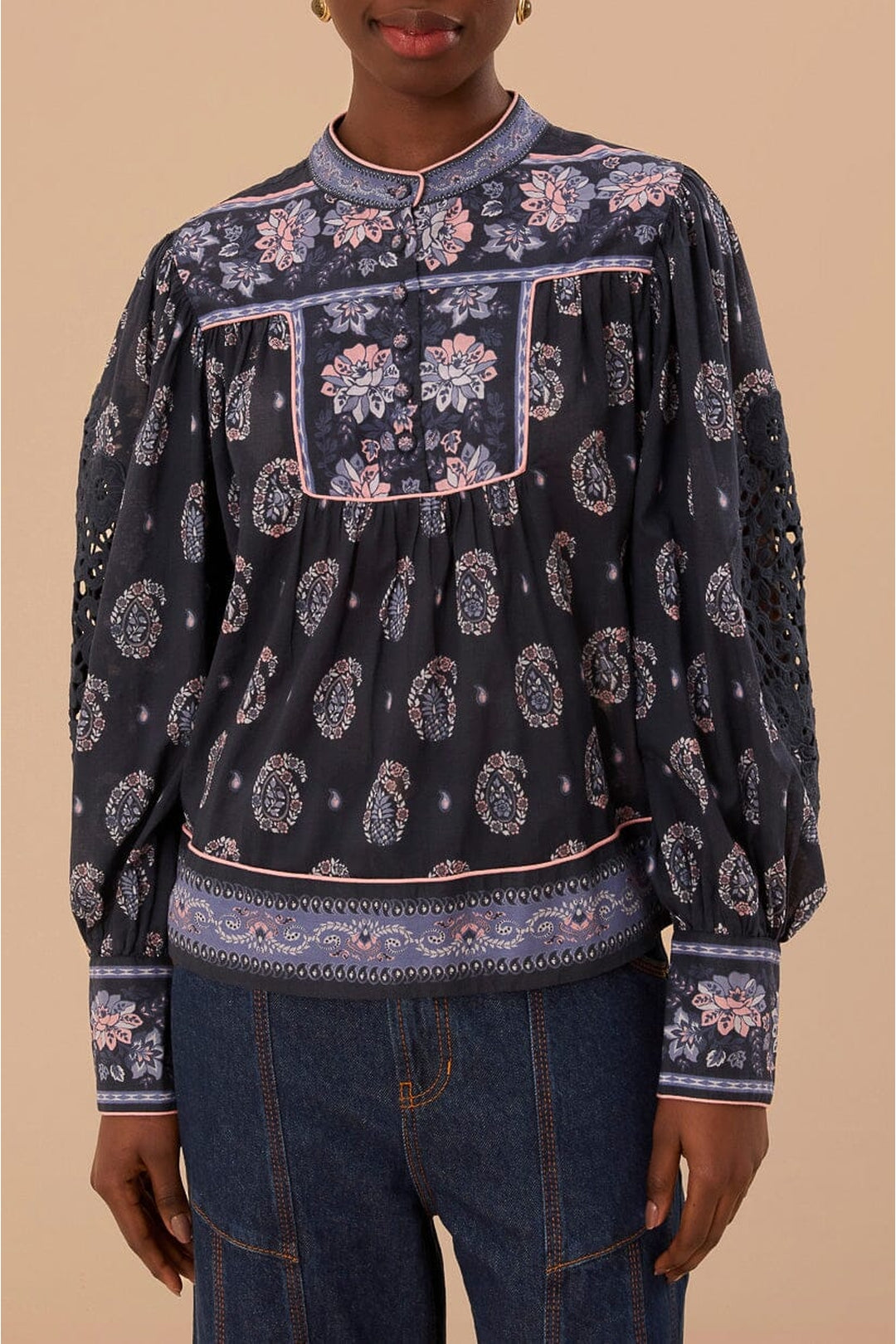 Blouse Ayla à manches longues en coton - Bleu