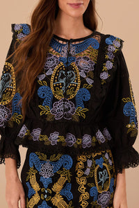 Blouse Richelieu ceintrée à la taille en coton - Noir