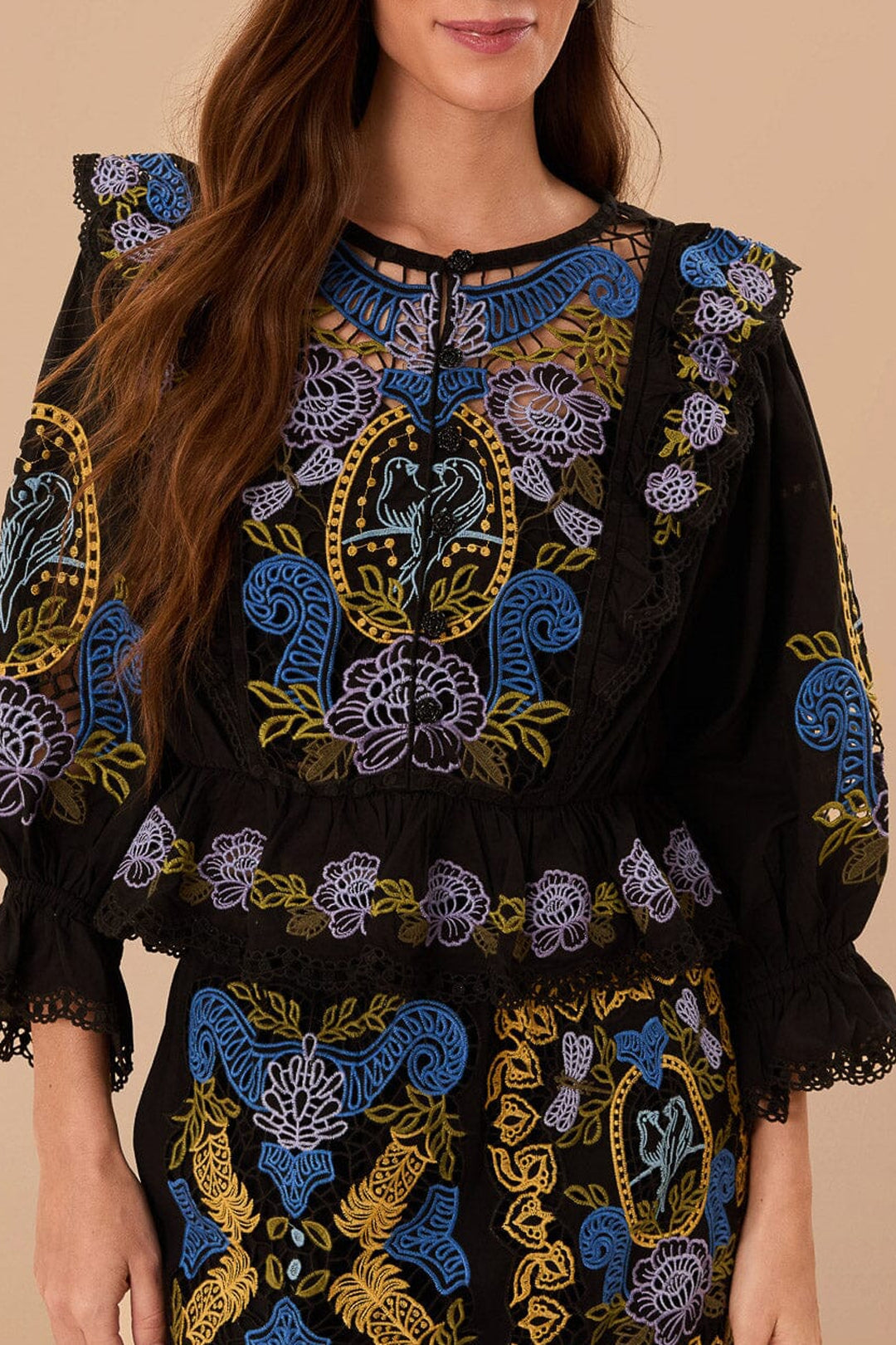 Blouse Richelieu ceintrée à la taille en coton - Noir