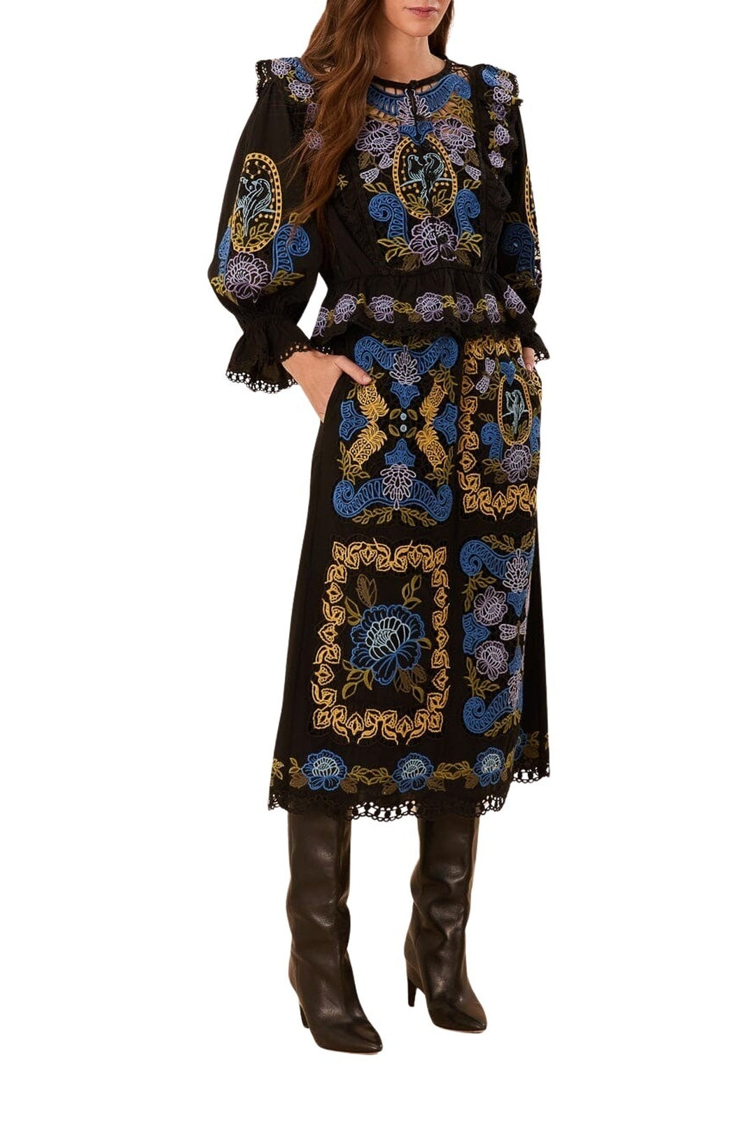 Blouse Richelieu ceintrée à la taille en coton - Noir