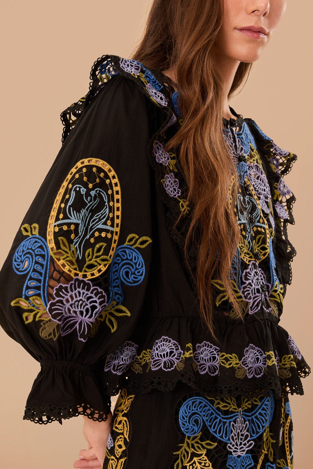Blouse Richelieu ceintrée à la taille en coton - Noir