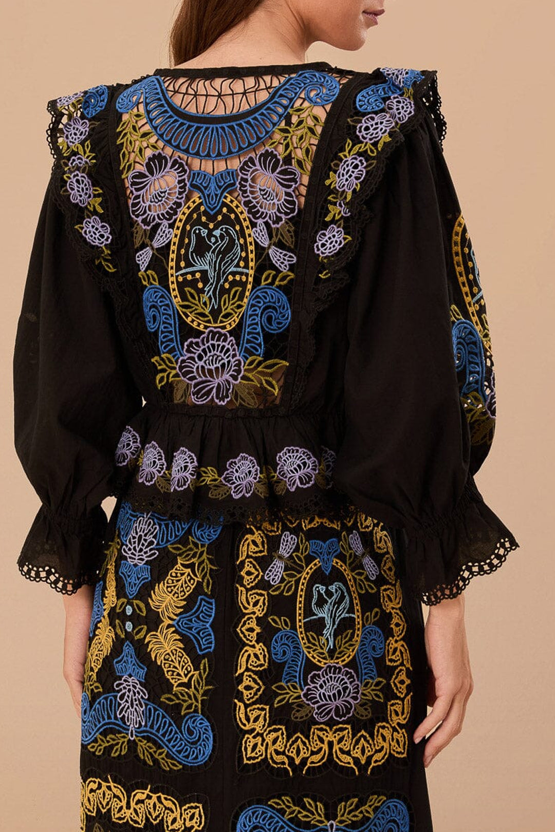 Blouse Richelieu ceintrée à la taille en coton - Noir