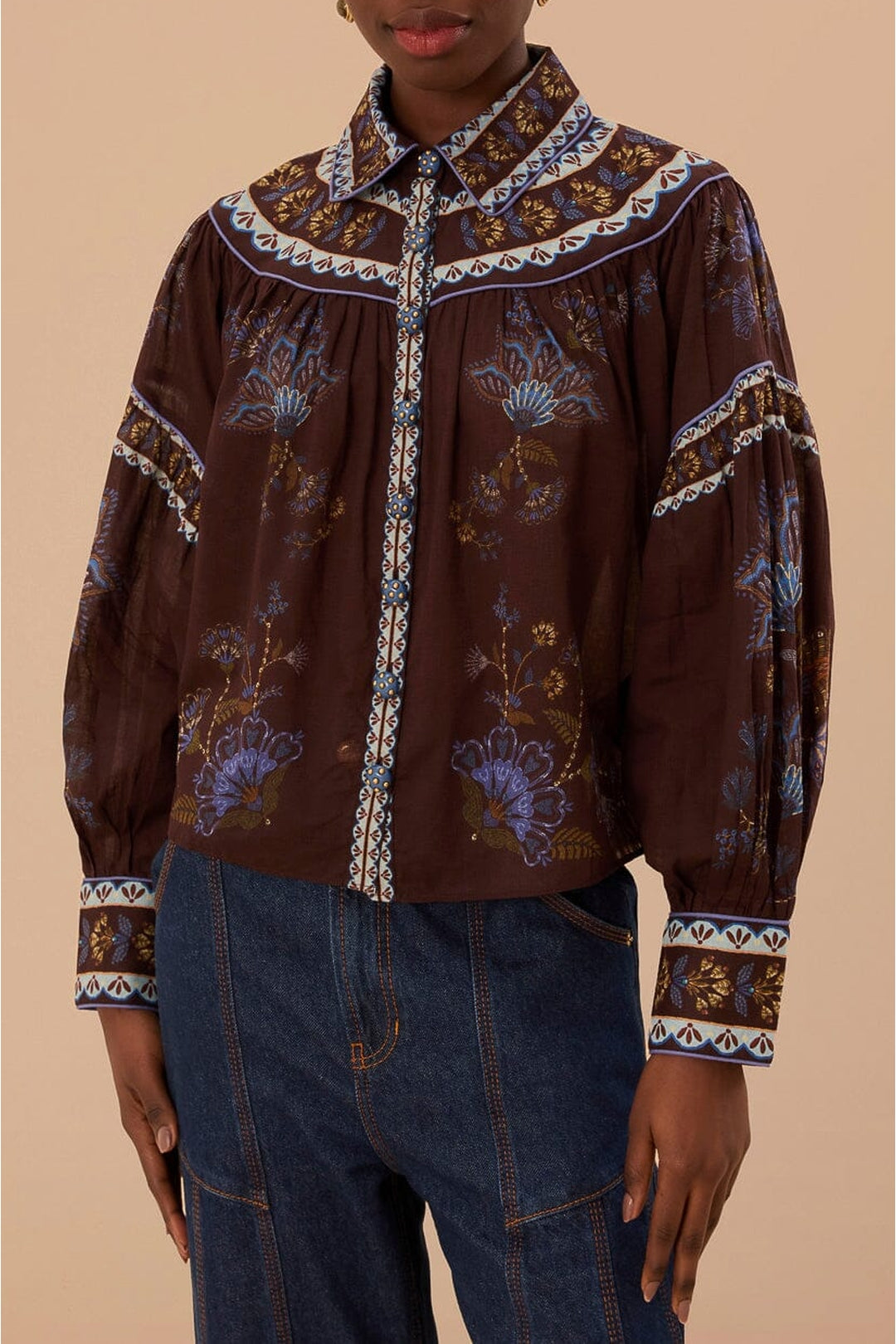 Blouse Jardin brodée en coton - Marron