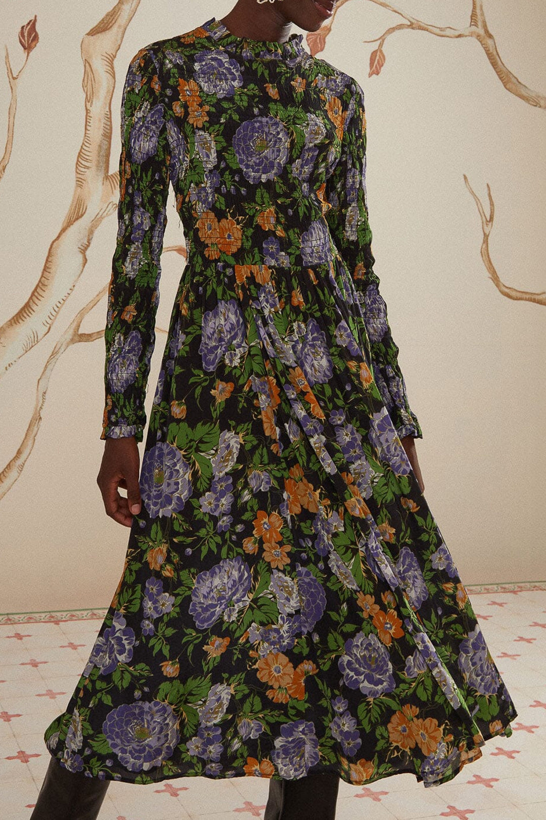 Robe midi Capri à manches longues - Noir