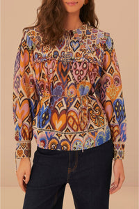Blouse à motif ikat cœurs en coton - Multicolore