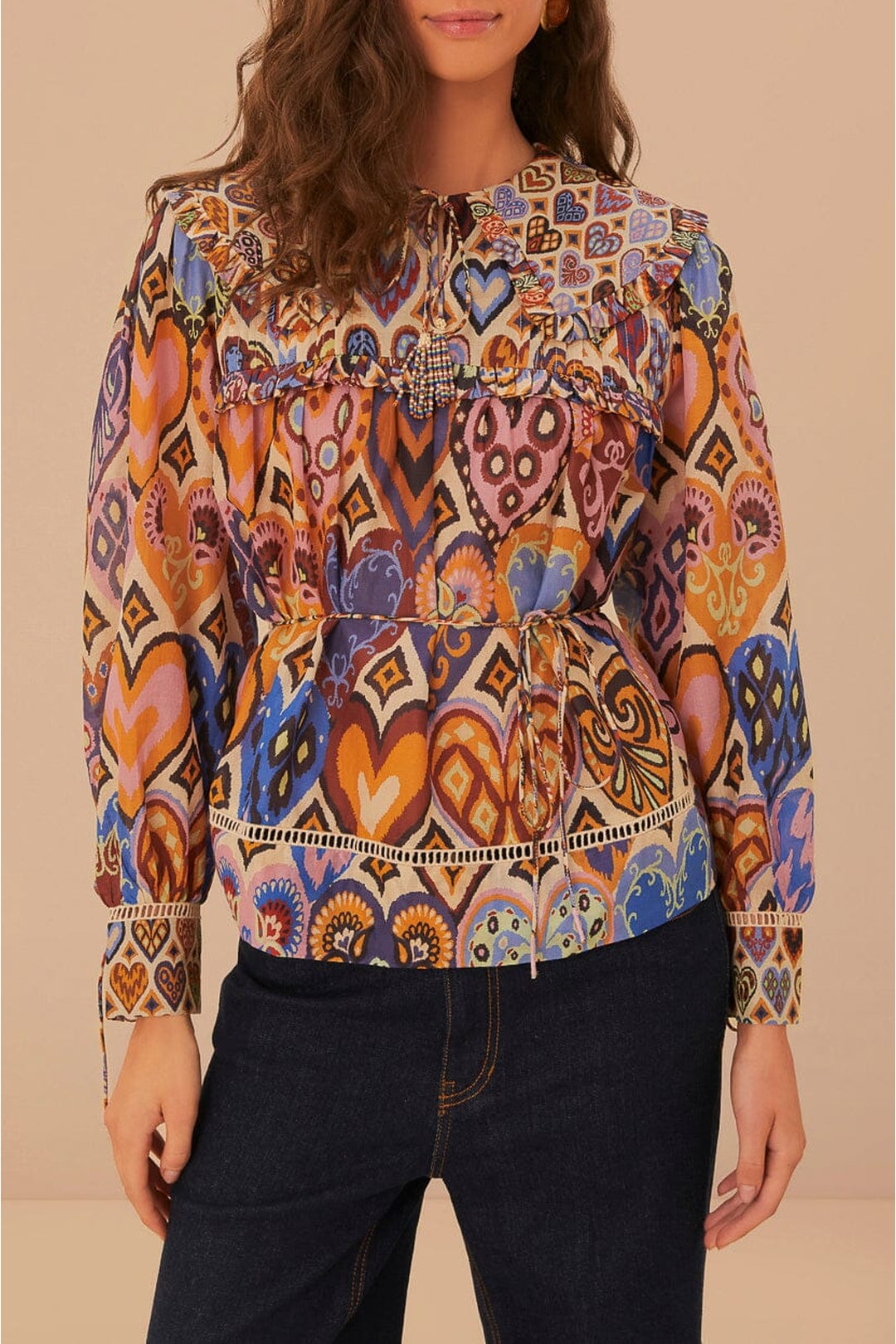 Blouse à motif ikat cœurs en coton - Multicolore