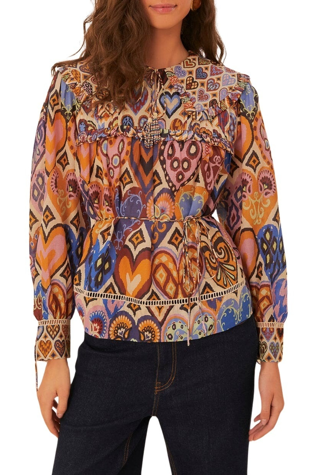 Blouse à motif ikat cœurs en coton - Multicolore