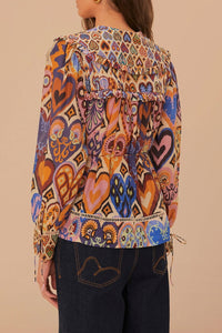 Blouse à motif ikat cœurs en coton - Multicolore