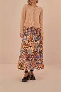 Jupe midi Ikat à motif cœurs en coton - Beige