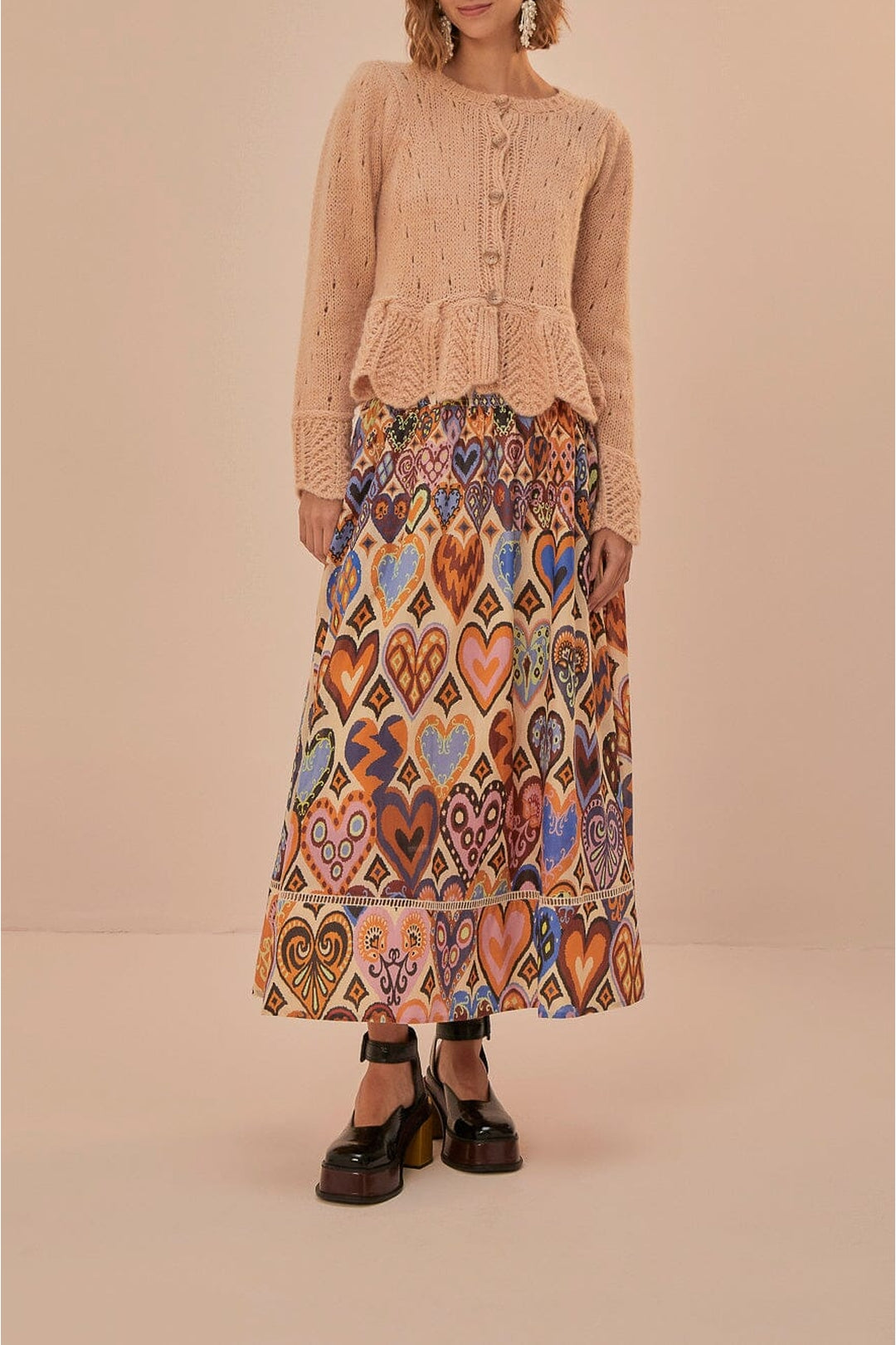 Jupe midi Ikat à motif cœurs en coton - Beige