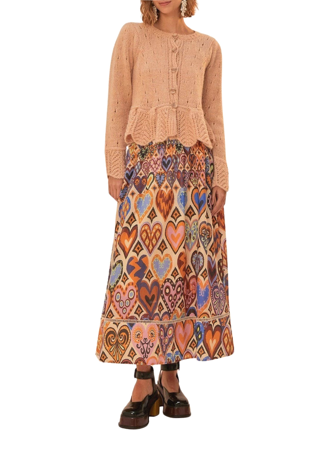 Jupe midi Ikat à motif cœurs en coton - Beige
