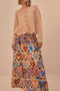 Jupe midi Ikat à motif cœurs en coton - Beige
