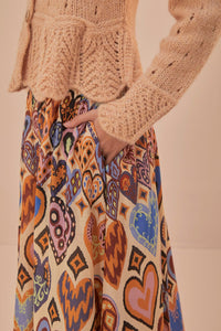 Jupe midi Ikat à motif cœurs en coton - Beige