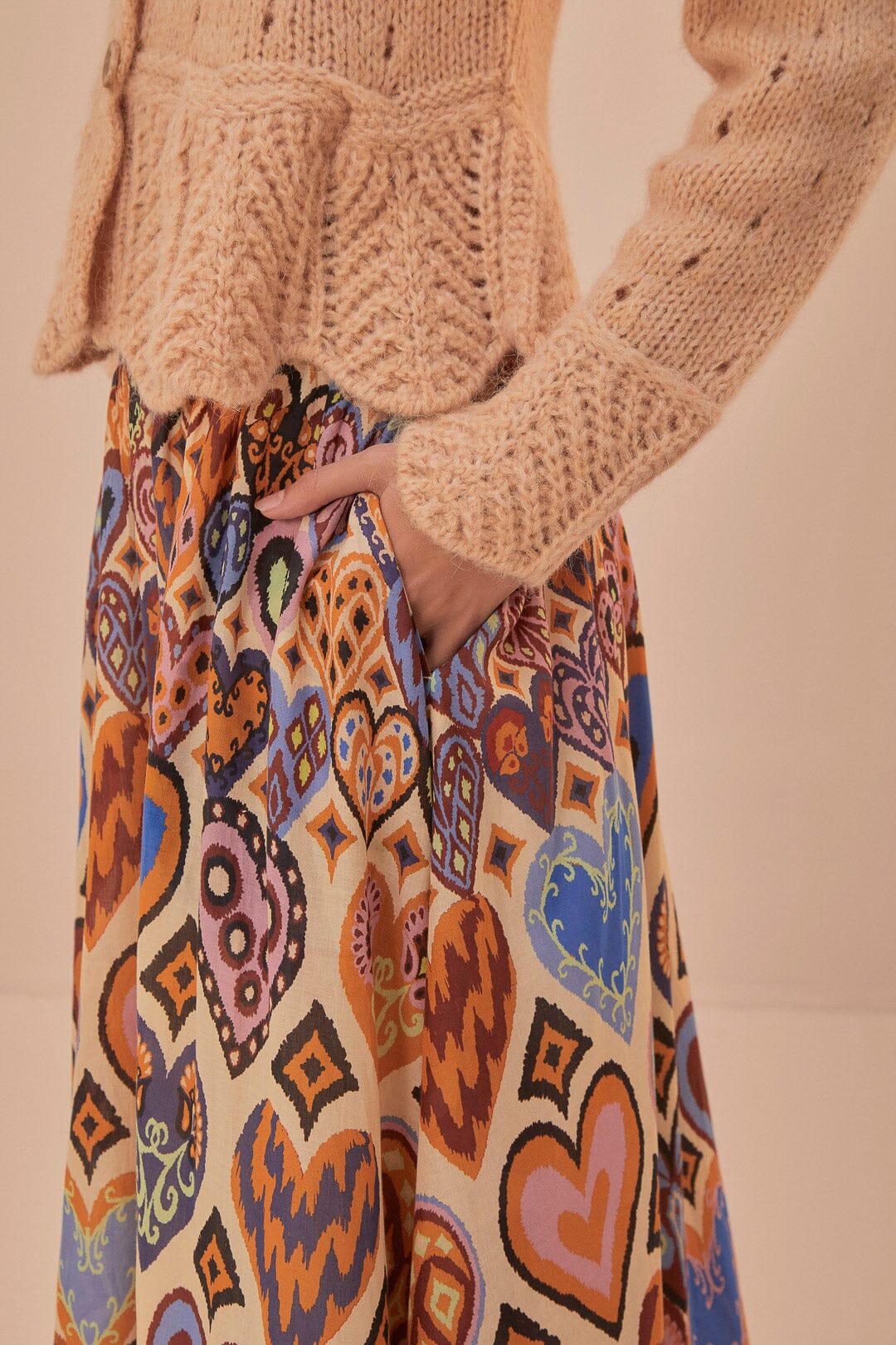 Jupe midi Ikat à motif cœurs en coton - Beige