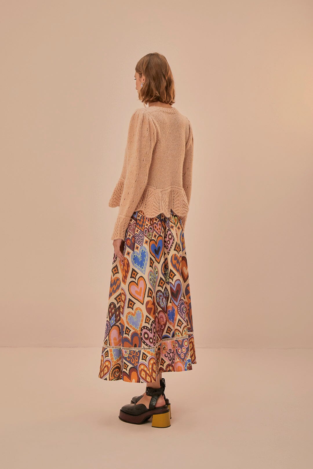 Jupe midi Ikat à motif cœurs en coton - Beige