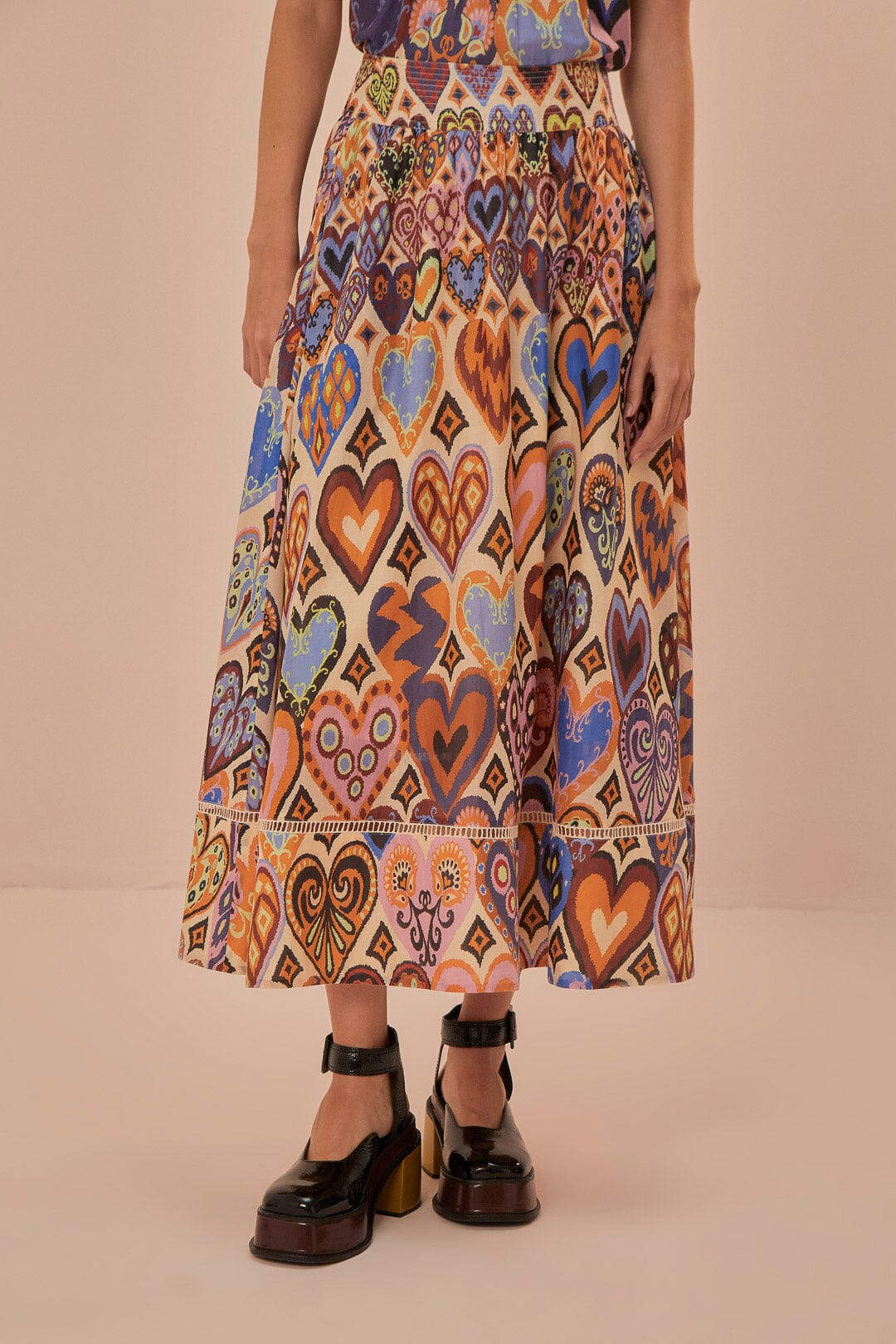Jupe midi Ikat à motif cœurs en coton - Beige