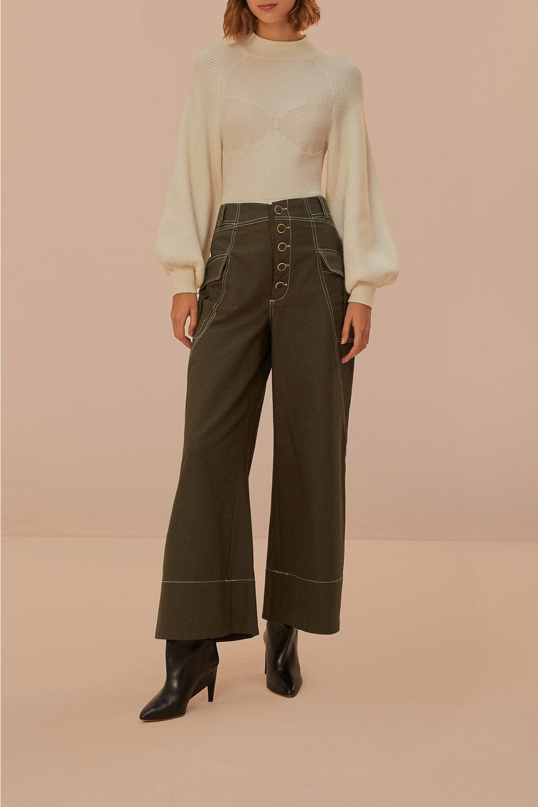 Pantalon taille basse à poches en coton - Vert