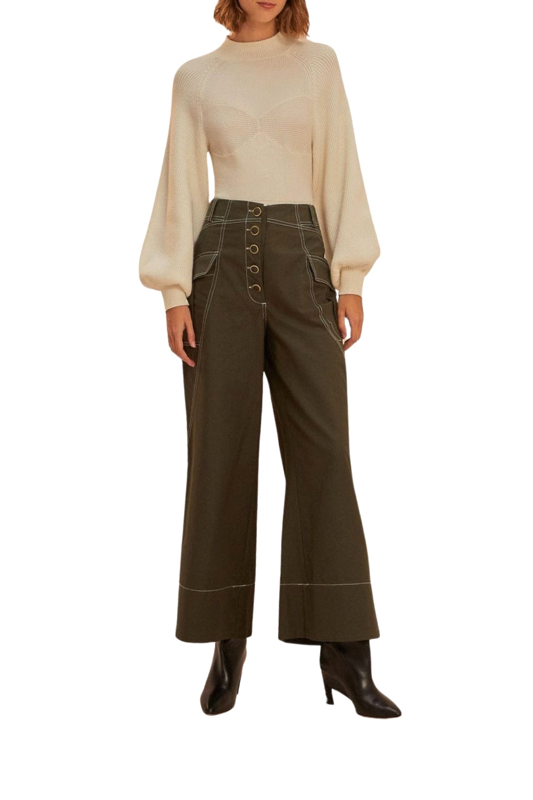 Pantalon taille basse à poches en coton - Vert
