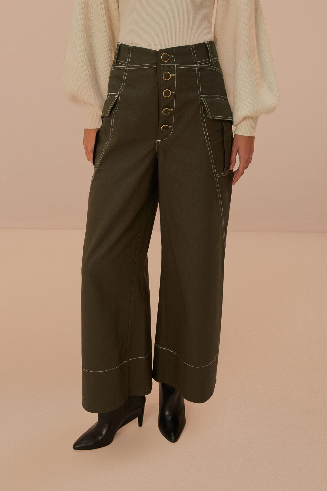 Pantalon taille basse à poches en coton - Vert
