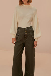 Pantalon taille basse à poches en coton - Vert