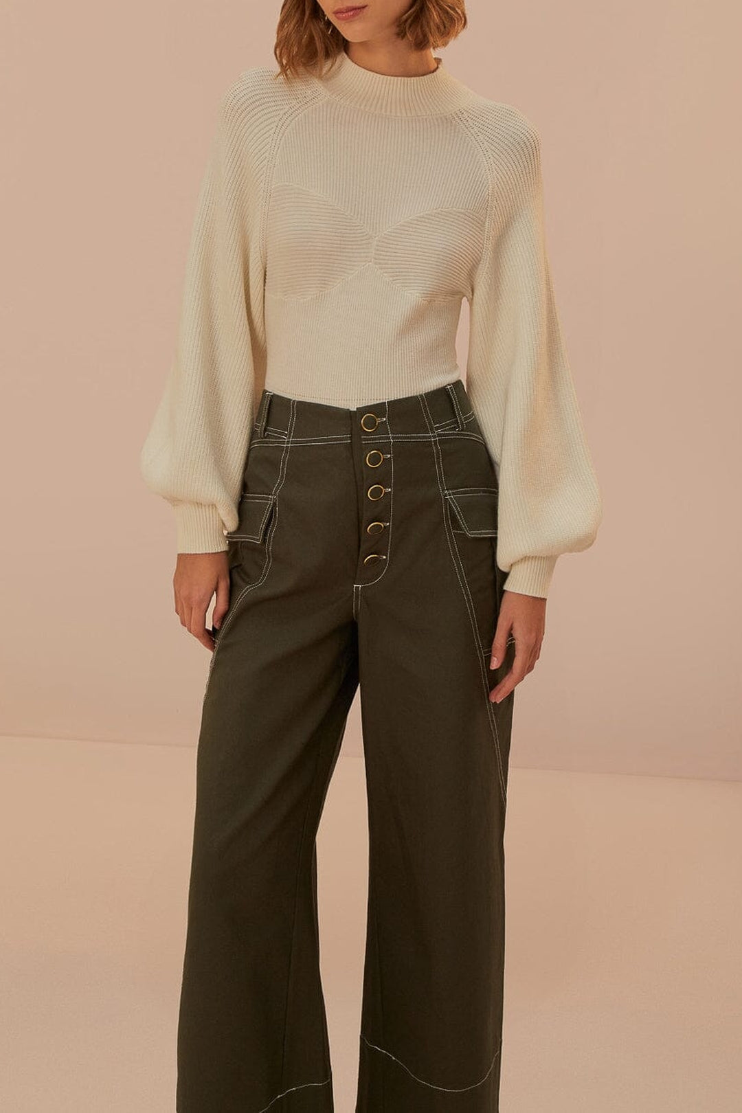 Pantalon taille basse à poches en coton - Vert