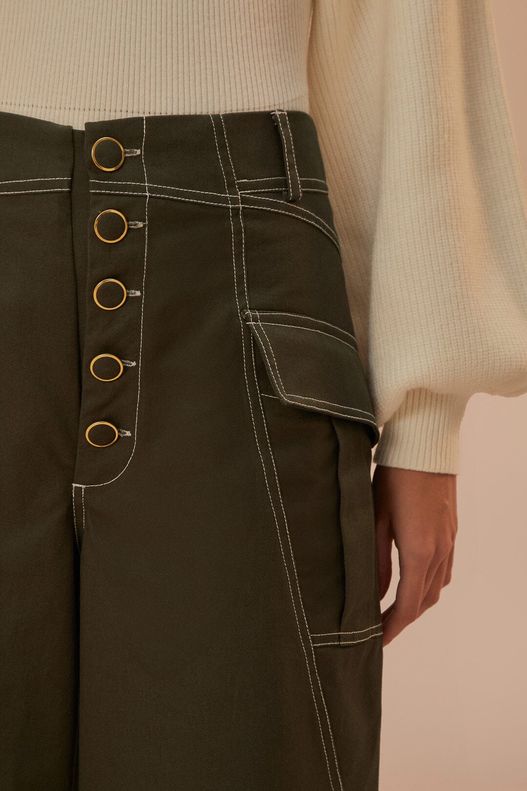 Pantalon taille basse à poches en coton - Vert