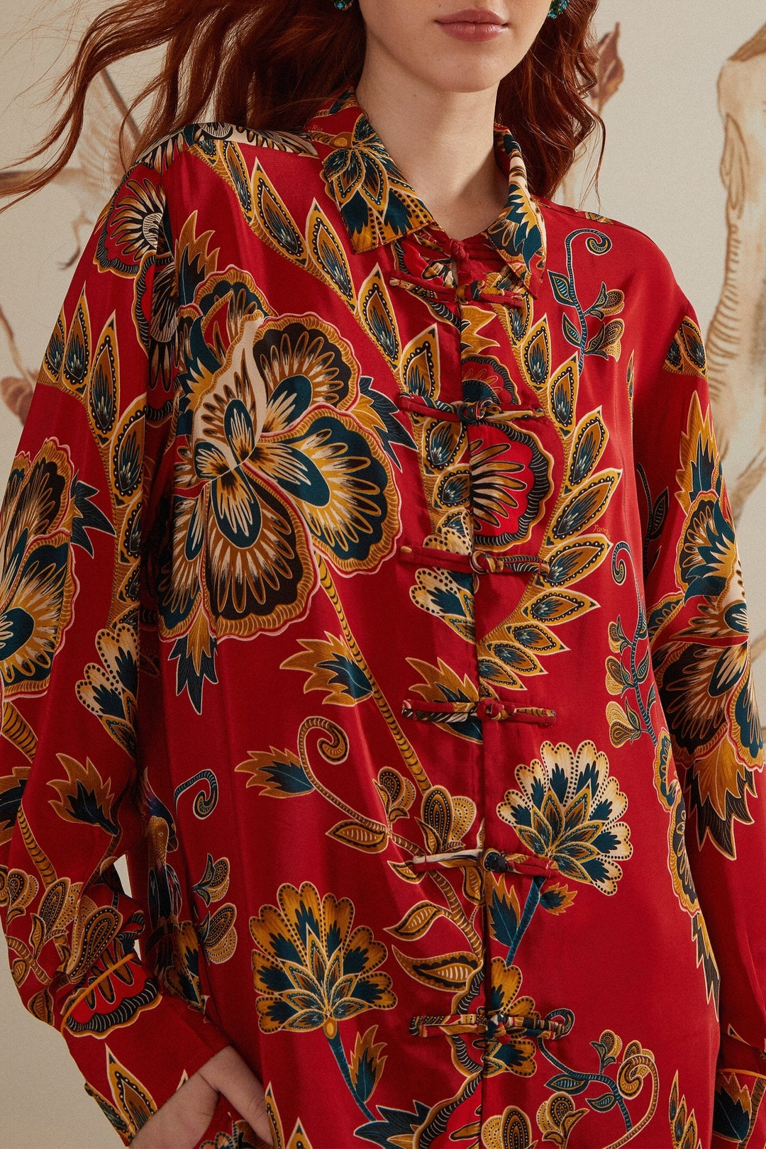 Chemise longue à fleurs - Rouge