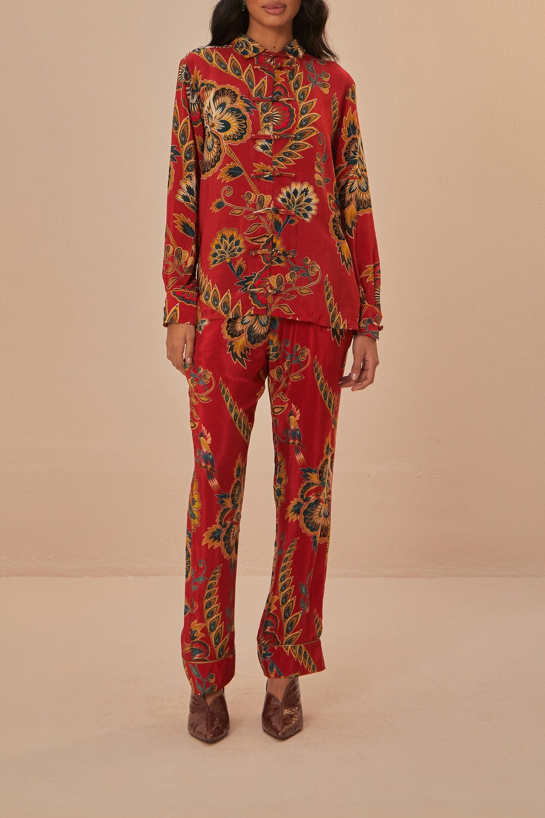 Chemise longue à fleurs - Rouge