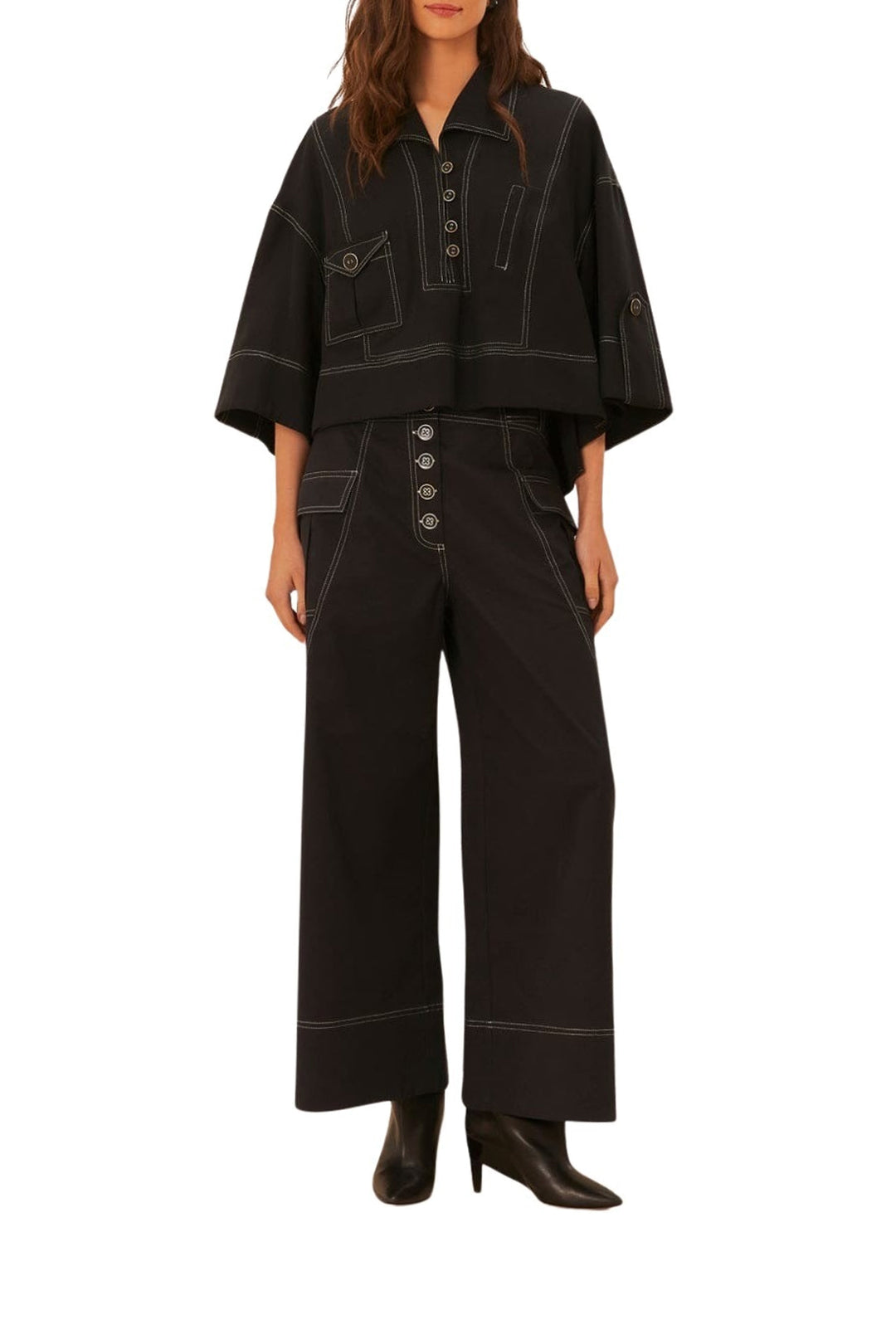 Pantalon taille basse surpiqué en coton - Noir