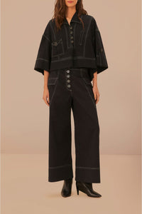 Pantalon taille basse surpiqué en coton - Noir
