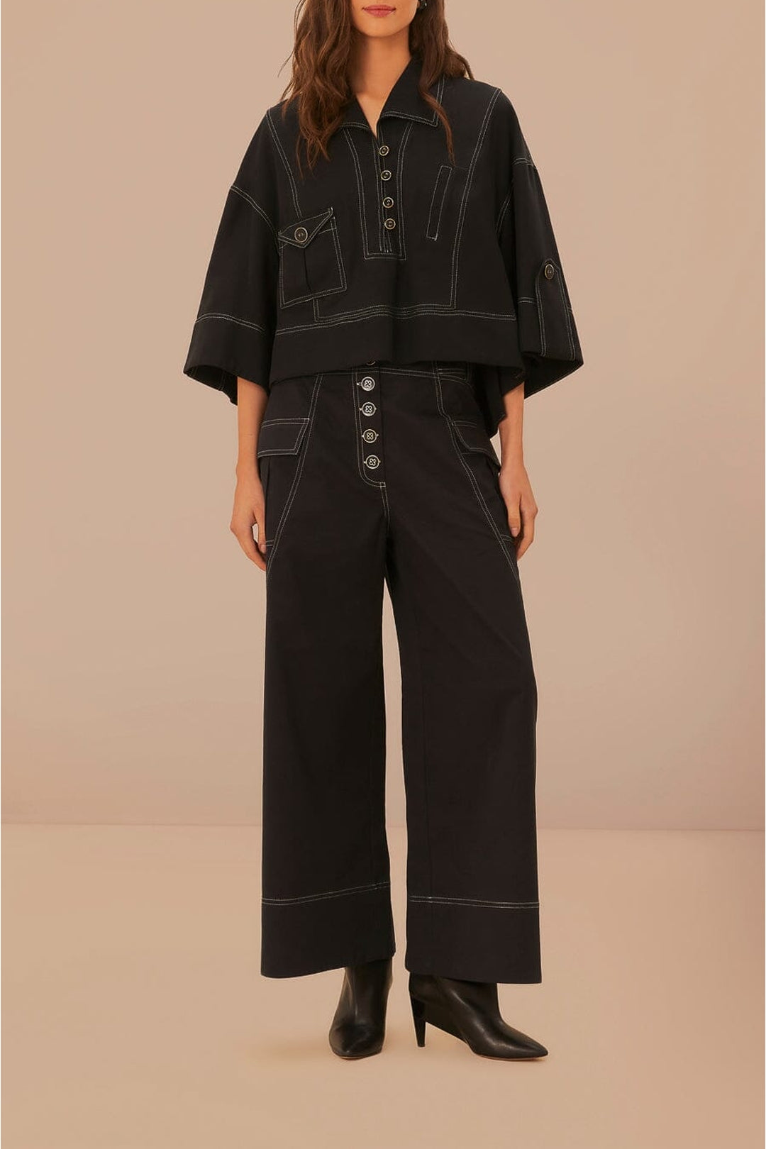 Pantalon taille basse surpiqué en coton - Noir