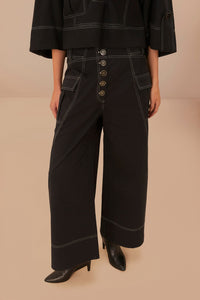 Pantalon taille basse surpiqué en coton - Noir