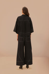 Pantalon taille basse surpiqué en coton - Noir