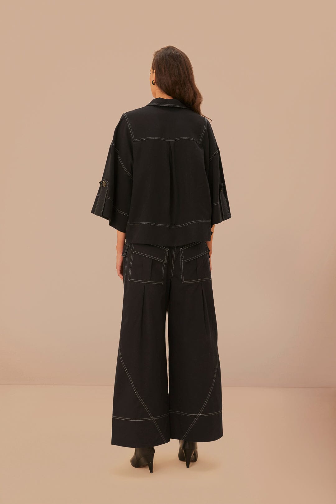 Pantalon taille basse surpiqué en coton - Noir
