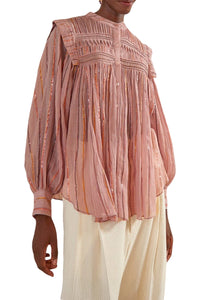 Blouse à manches longues et empiècement plissé en coton - Rose