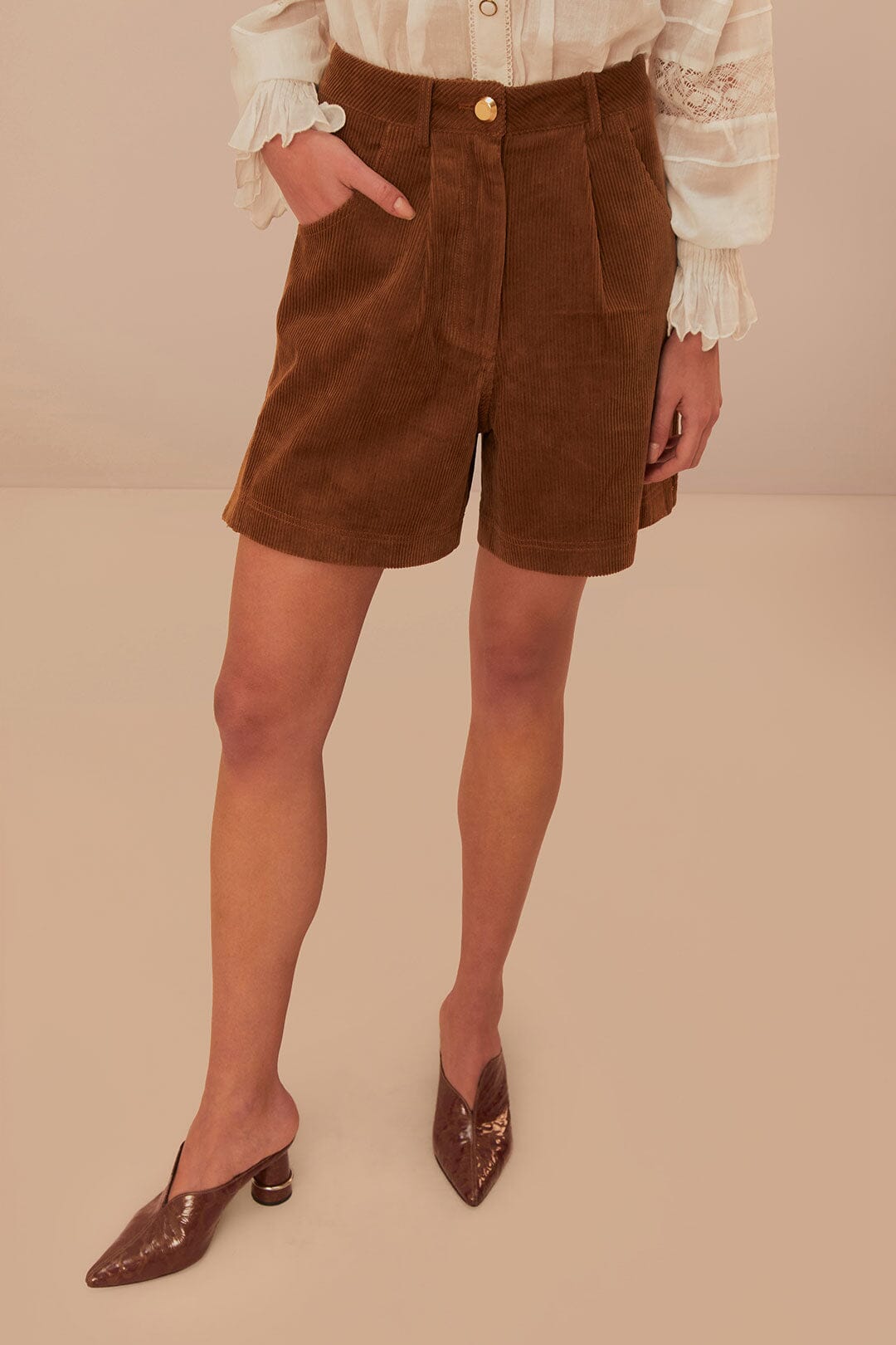 Short en velours côtelé en coton - Marron