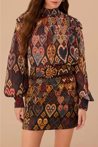 Jupe à motif Ikat en forme de cœur en coton - Marron