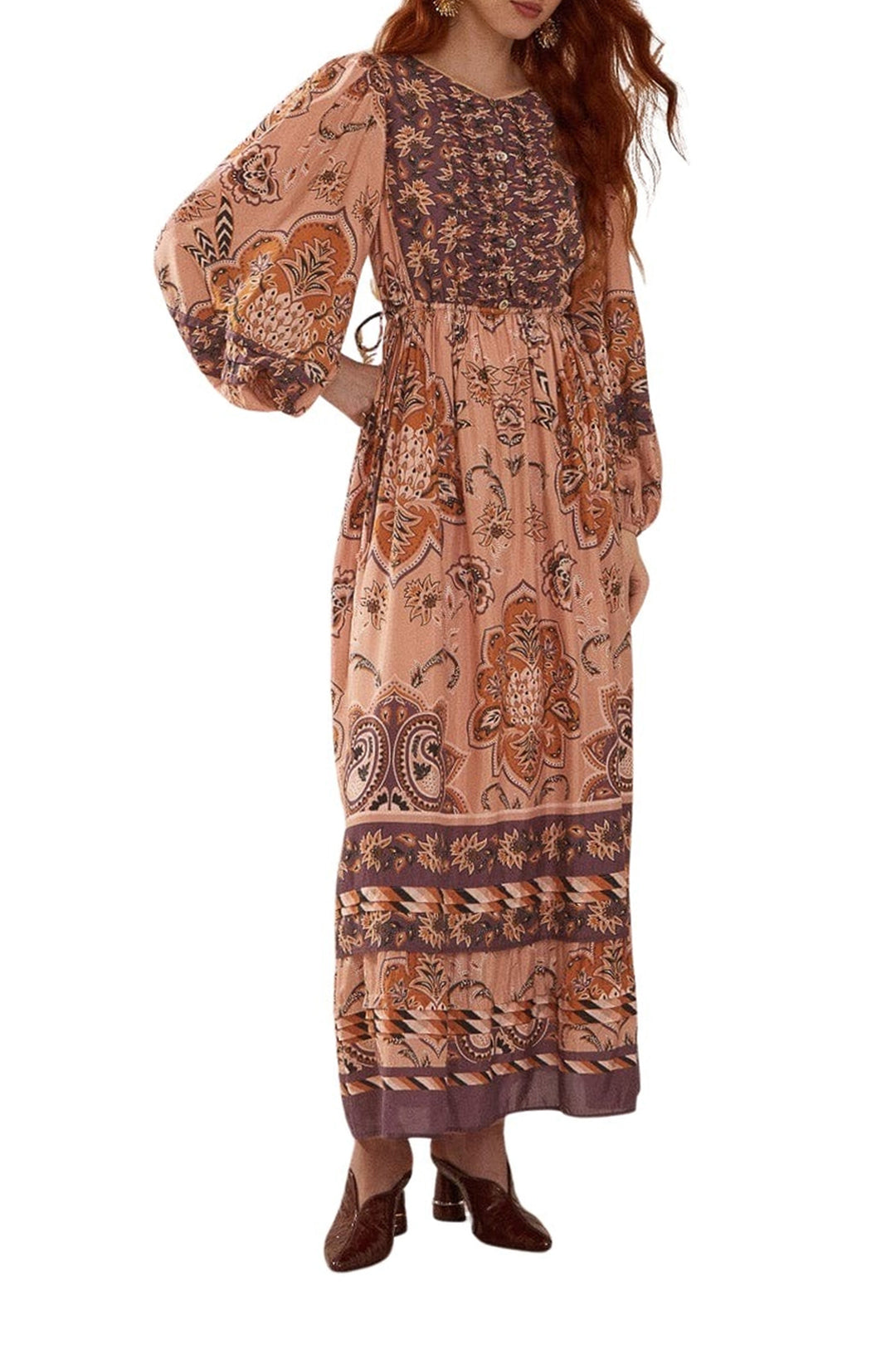 Robe longue Glam Tapestry à manches longues en coton - Bordeaux