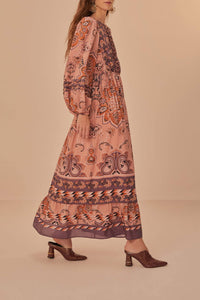 Robe longue Glam Tapestry à manches longues en coton - Bordeaux