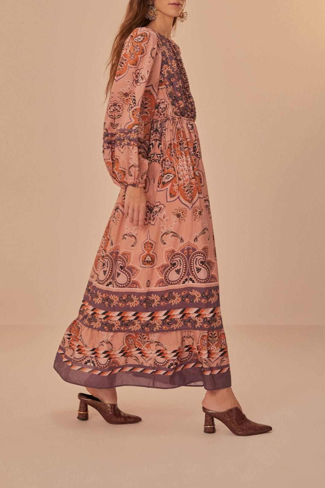 Robe longue Glam Tapestry à manches longues en coton - Bordeaux