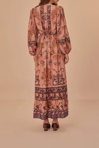 Robe longue Glam Tapestry à manches longues en coton - Bordeaux
