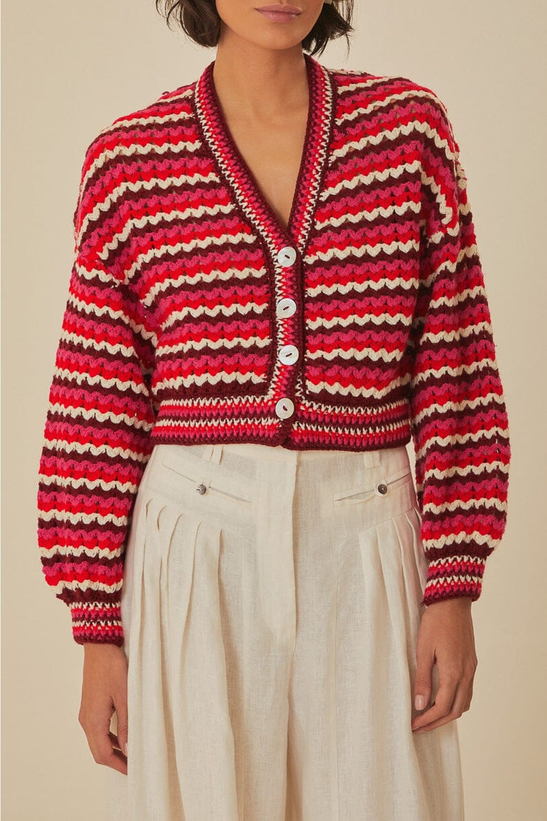 Cardigan en crochet à rayures colorées - Rouge