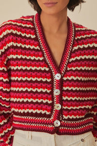 Cardigan en crochet à rayures colorées - Rouge
