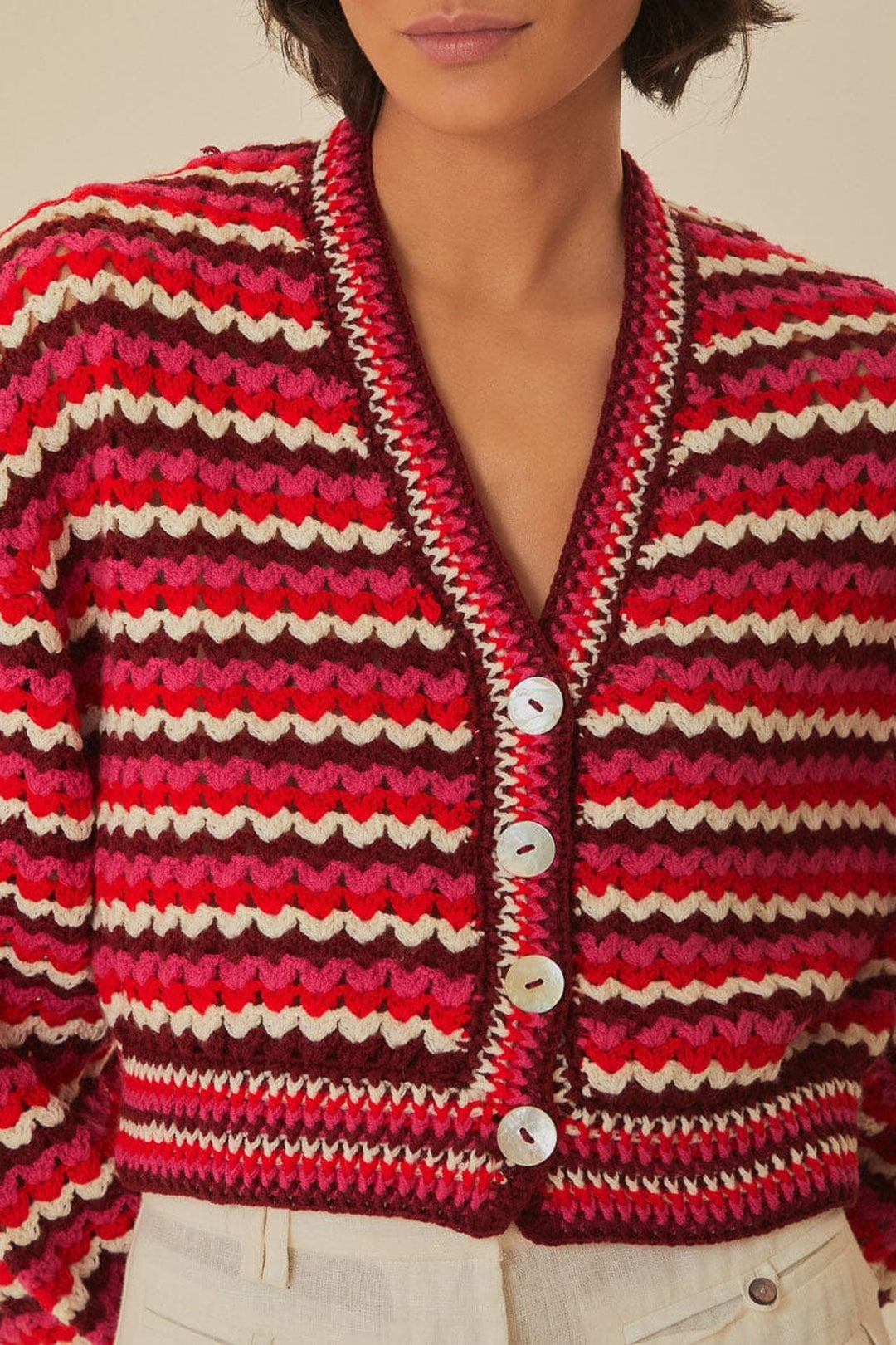 Cardigan en crochet à rayures colorées - Rouge