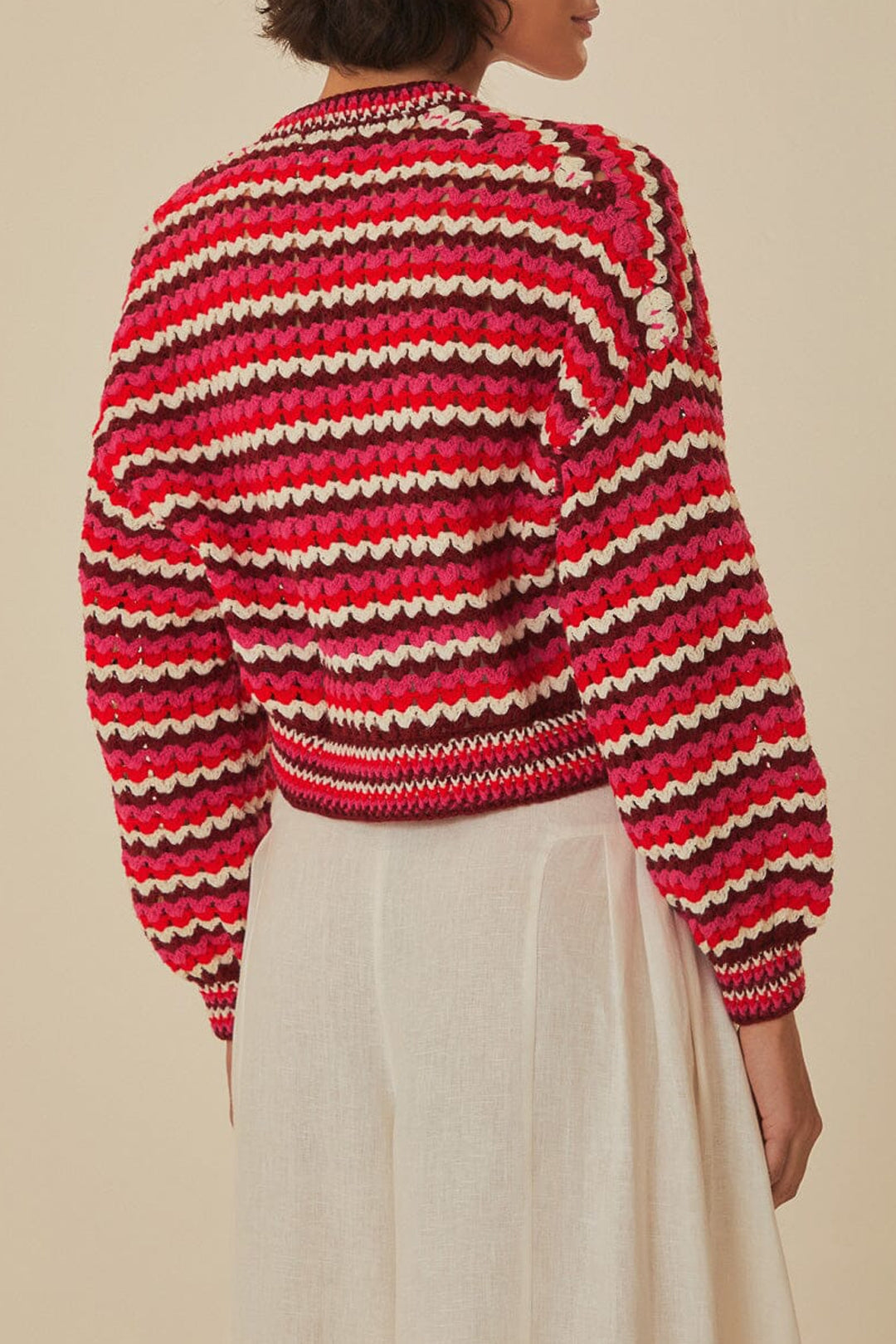 Cardigan en crochet à rayures colorées - Rouge