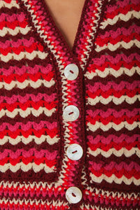 Cardigan en crochet à rayures colorées - Rouge